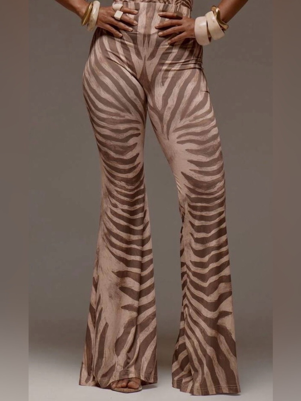 Women's Taupe Zebra-Print Flared Pants